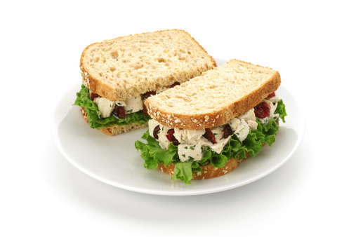 Fresh chicken salad sandwich on whole grain bread.