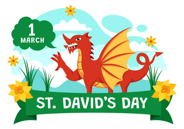 ilustraciones, imágenes clip art, dibujos animados e iconos de stock de feliz día de san david ilustración vectorial el 1 de marzo con dragones galeses y narcisos amarillos en celebración diseño de fondo de dibujos animados planos de vacaciones - leek welsh flag flag welsh culture