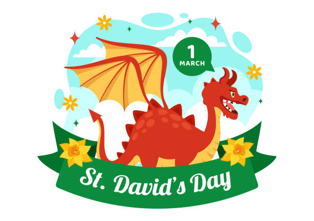 ilustraciones, imágenes clip art, dibujos animados e iconos de stock de feliz día de san david ilustración vectorial el 1 de marzo con dragones galeses y narcisos amarillos en celebración diseño de fondo de dibujos animados planos de vacaciones - leek welsh flag flag welsh culture