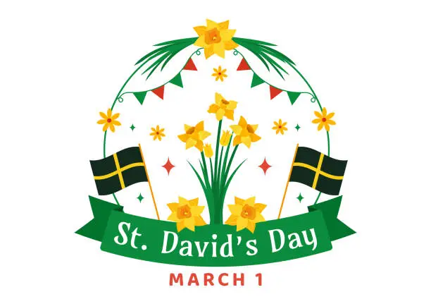 Vector illustration of Happy St David's Day Vector Illustration on March 1 with Welsh Dragons and Yellow Daffodils in Celebration Holiday Flat Cartoon Background Design