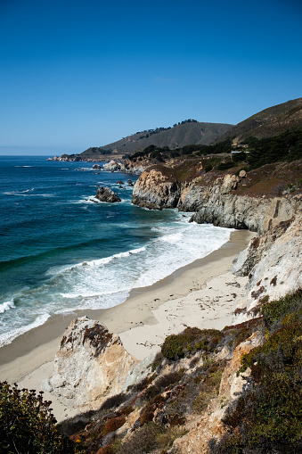 The coastline along Route 1 in California, which is known as the Big Sur.
