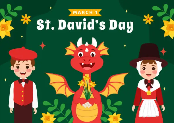 Vector illustration of Happy St David's Day Vector Illustration on March 1 with Welsh Dragons and Yellow Daffodils in Celebration Holiday Flat Cartoon Background Design