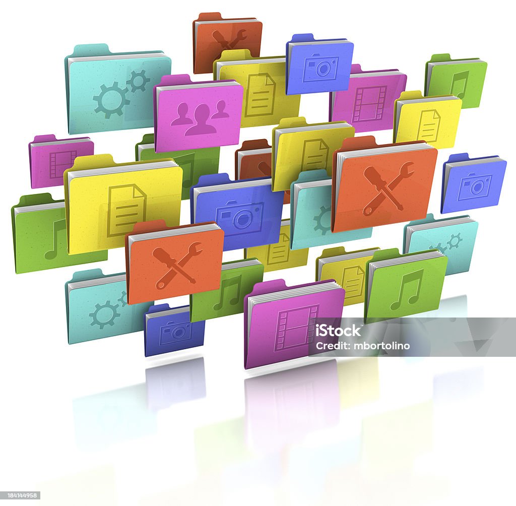 File Cloud A cloud of folders with document icons on a white background. File Folder Stock Photo