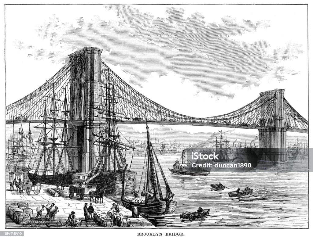 1878 vintage Gravur der Schiffe von Brooklyn Bridge - Lizenzfrei Brooklyn Bridge Stock-Illustration