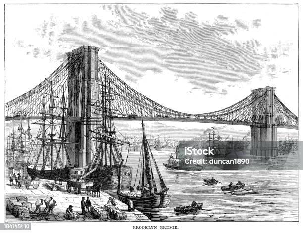 1878 Gravure Vintage De Navires Par Le Pont De Brooklyn Vecteurs libres de droits et plus d'images vectorielles de Pont de Brooklyn