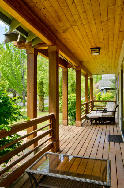 istock Wood deck with view to the forest 184145432