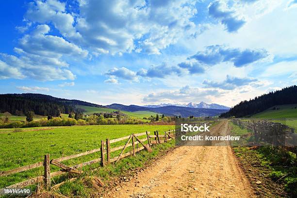 Country Landscape Road Between Green Fields Stock Photo - Download Image Now - Farm, Fence, Blue