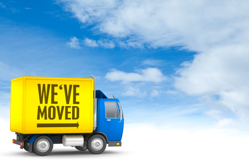 Moving truck with the words we've moved on the side. Copy space for your message.Could be useful in a change of address notice.This is a detailed 3d rendering.