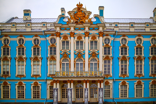 Russia, Pushkin - December 2, 2023: Facade of the Catherine Palace in Tsarskoe Selo