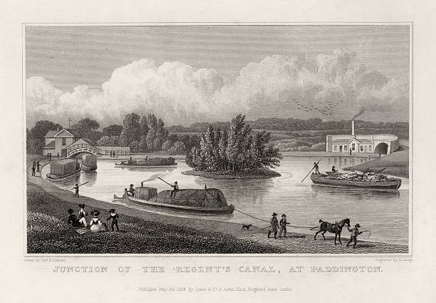 Junction of Regents Park Canal "Junction of Regents Park Canal, published May 24 1828, and engraved by Thomas H Shepherd.Wonderful image showing the early transportation uses of Victorian canals.This print forms part of my personal collection of maps,engravings and woodblock prints." Canal stock illustrations
