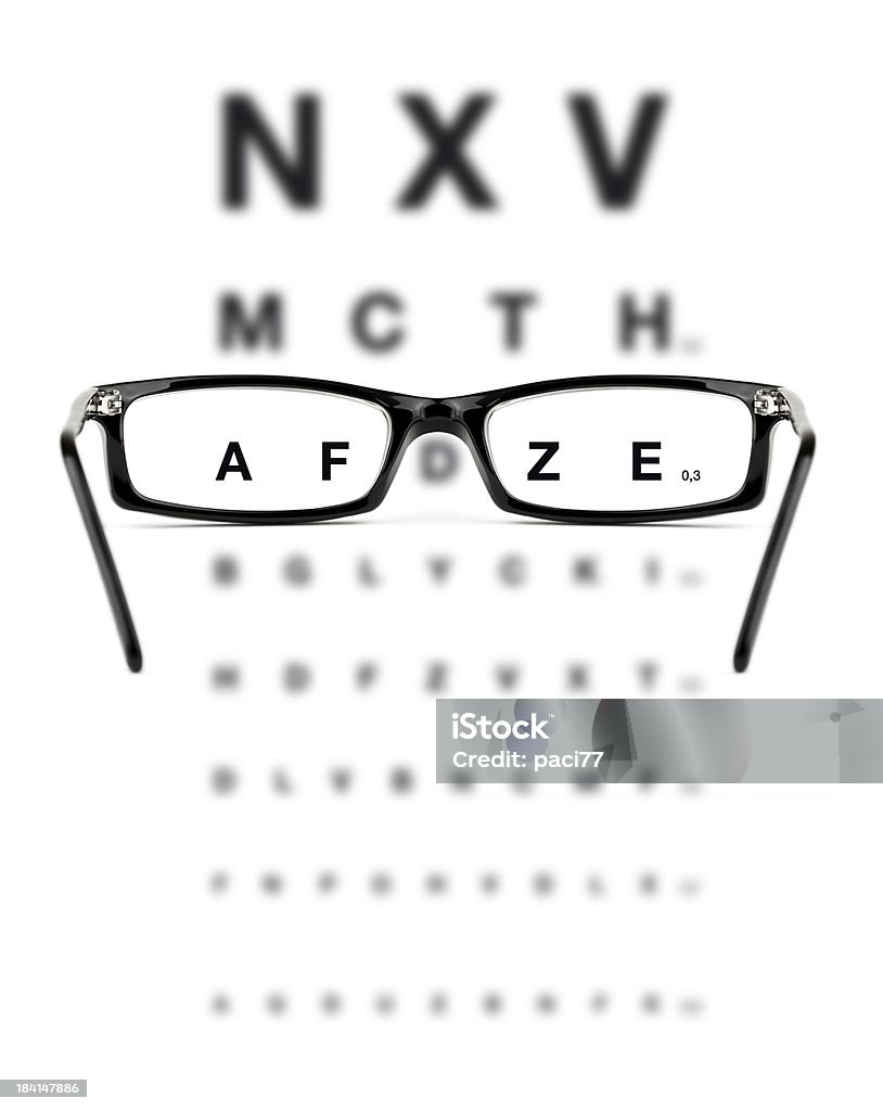 Eye Checkup Black glasses with eye chart on a white background. Astigmatism Stock Photo