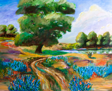 Original painting by photographer of Texas bluebonnes alongside a road with pond in background.