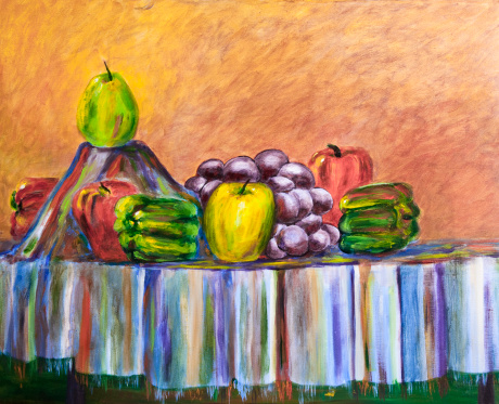 Original painting by photographer of table with fruits and vegetables
