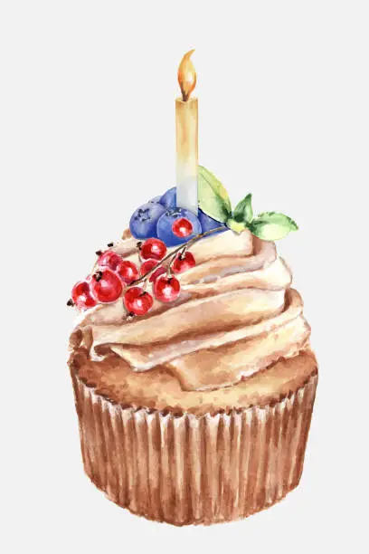 Vector illustration of Watercolor cupcake with cream and burning candle.