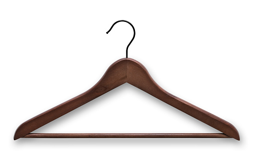 Clipping path included. Elegant, wooden, dark brown clothes hanger isolated on white background.