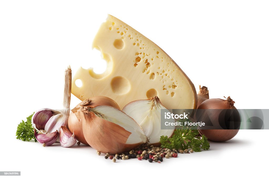 Ingredienti: Formaggio, cipolla, aglio e prezzemolo e pepe - Foto stock royalty-free di Formaggio