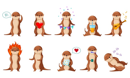 Adorable collection of otter emojis in playful poses. Ideal for fun and engaging illustrations.