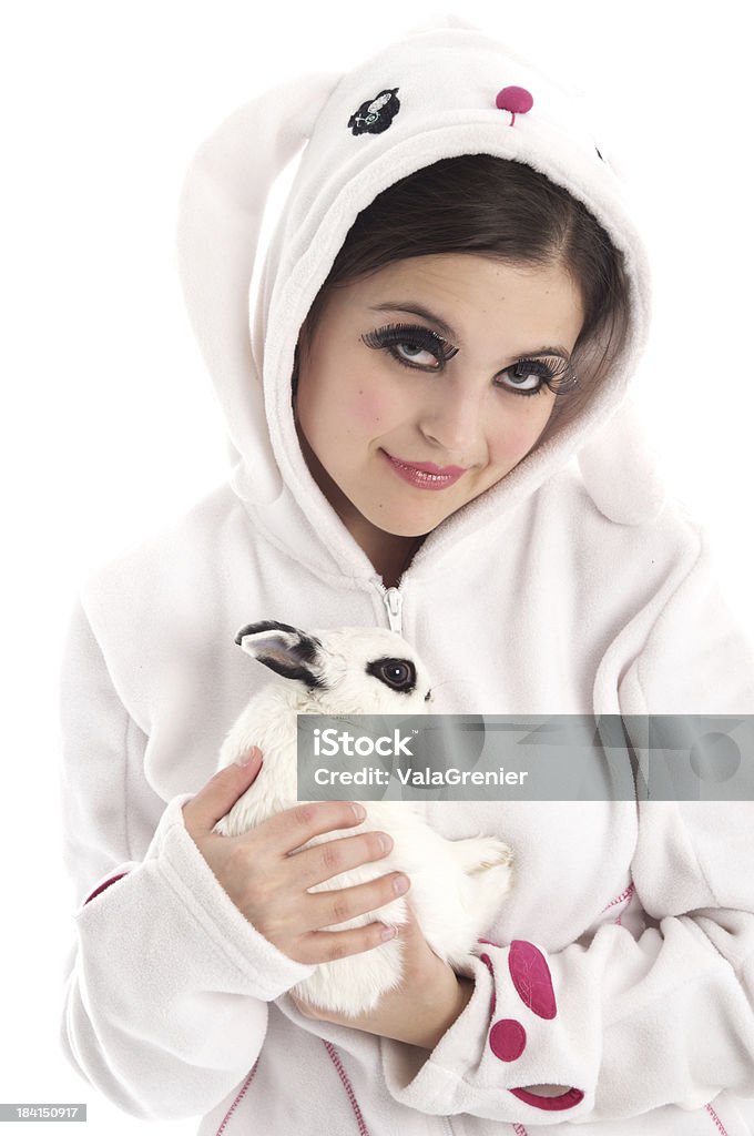 若い女性の bunny rabbit hoody を押します。 - 1人のロイヤリティフリーストックフォト