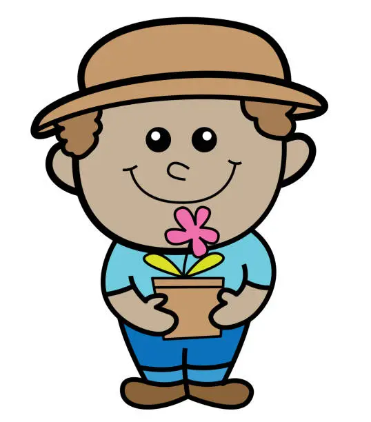 Vector illustration of Little farmer boy holding potted flower cartoon illustration