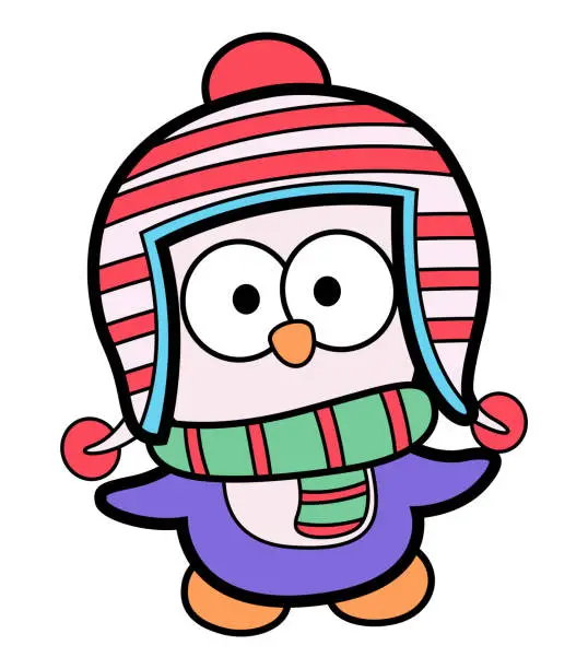 Vector illustration of Little penguin with trapper hat cartoon illustration