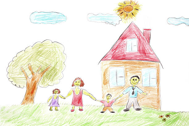 happy familia - paintings child house childhood fotografías e imágenes de stock