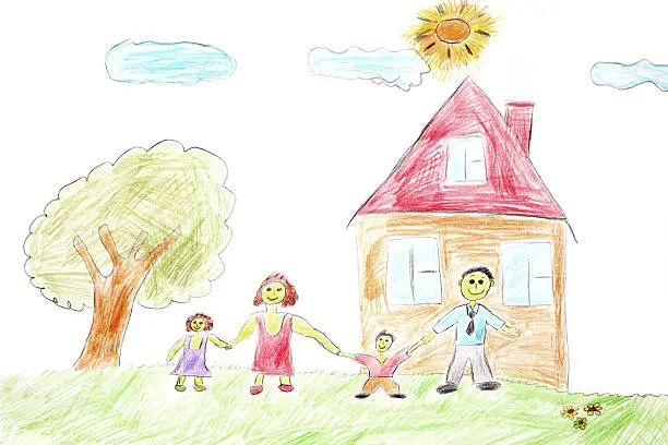 Photo of Illustration of a happy family with a tree and house