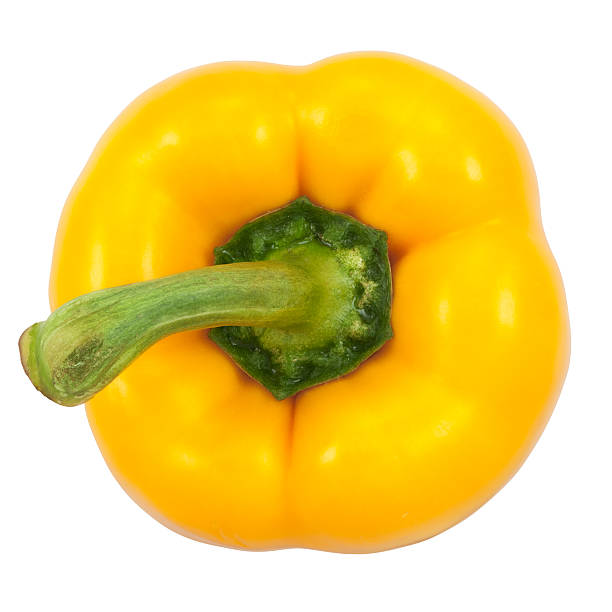 상단 보기 노란색 단고추 녹색 줄기 - yellow bell pepper 뉴스 사진 이미지