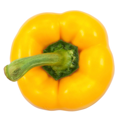 Yellow Bell Pepper elevated view on white background. Clipping path included.Bell pepper pictures: