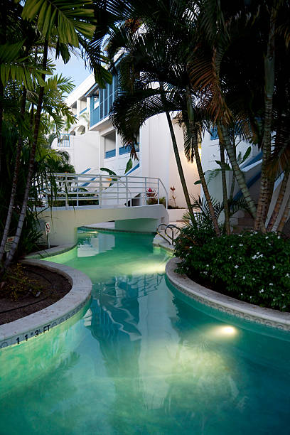 istock Holiday apartments with pool at dusk 184152518