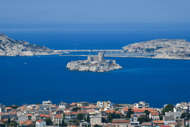 Aerial view of the city, the sea and the Castle d'If in Marseille, France.