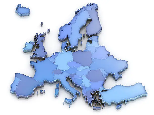 3D Europe map with countries.Digitally generated image.