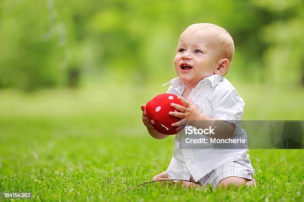 Foto de Alegre Bebê Brincando No Parque e mais fotos de stock de 6-11 meses - 6-11 meses, Bebê, Bola