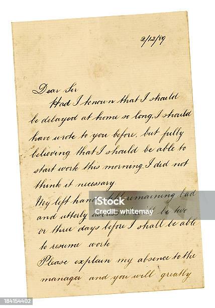 British Invalids Letter To Employer 1889 Stock Photo - Download Image Now - Letter - Document, Old-fashioned, Handwriting