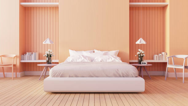 ピーチファズオレンジの壁の色の寝室のインテリア2024-3dレンダリング - pillow headboard wall bedroom ストックフォトと画像