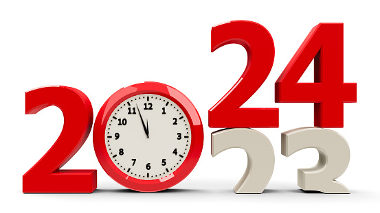 2023-2024 change with clock dial represents coming new year 2024, three-dimensional rendering, 3D illustration