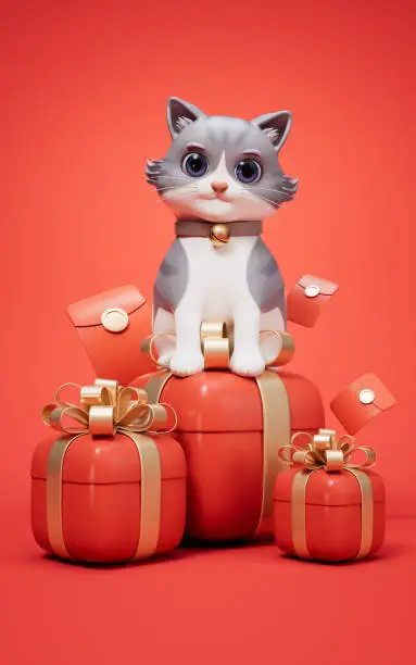3D cartoon style cute cat and gift box, 3d rendering. 3D illustration.