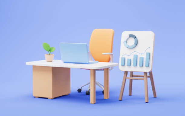 istock Office scene with office supplies, 3d rendering. 1841617519