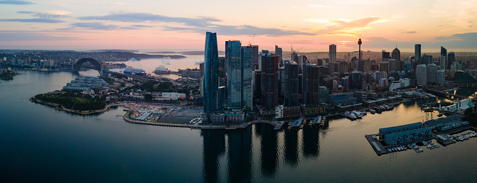 Panoramic aerial drone view of Barangaroo waterfront precinct in Sydney City, NSW Australia during a morning sunrise in December 2023
