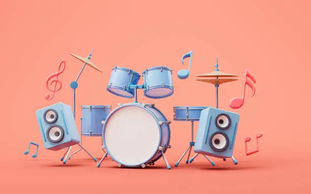 Photo of 3D cartoon style drum set, 3d rendering.