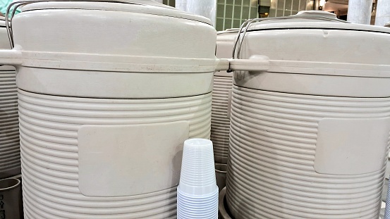 A view of Zam-Zam water containers and plastic cups in the Prophet's Mosque, al-Madinah al-Munawwarah.