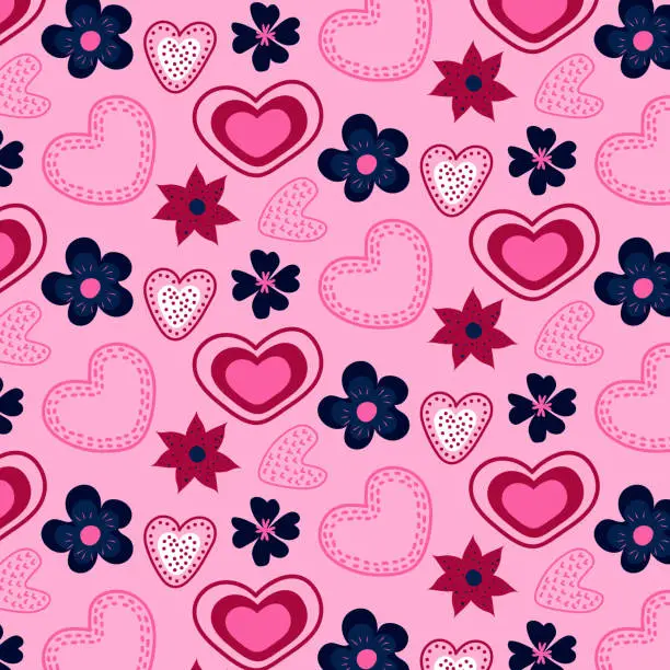 Vector illustration of Seamless pattern with hearts and flowers in pink and blue colors. Beautiful vector design for Valentine's Day.