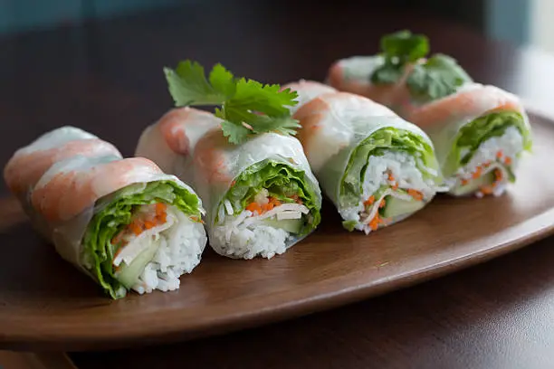 A healthy summer roll filled with healthy veggies and shrimp.A healthy summer roll filled with healthy veggies and shrimp.A healthy summer roll filled with healthy veggies and shrimp.