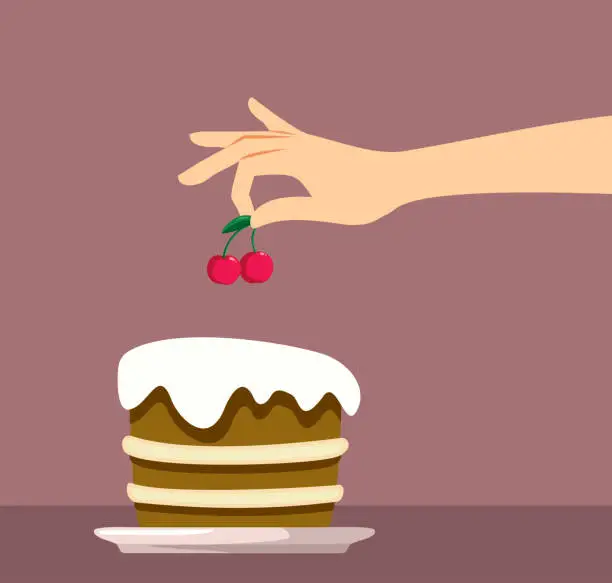 Vector illustration of Hand Putting the Cherry on Top of a Cake Vector Illustration