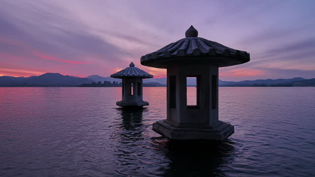 Sunset over West Lake in Hangzhou, Zhejiang Province, Asia