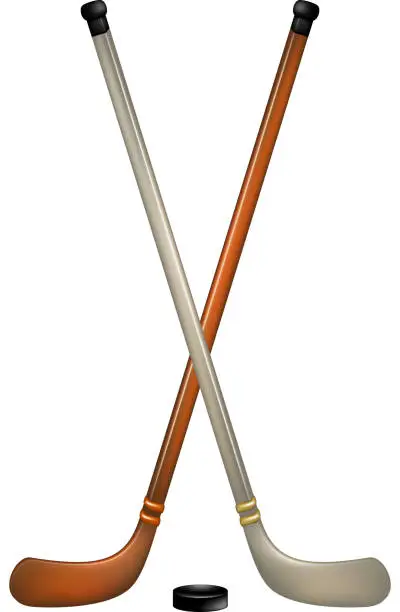 Vector illustration of Two crossed ice hockey sticks and puck