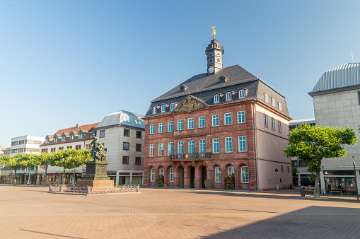 Hanau, Germany - June 25, 2023: The main square of Hanau with Wilhelm and Jacob Grimm sculpture.