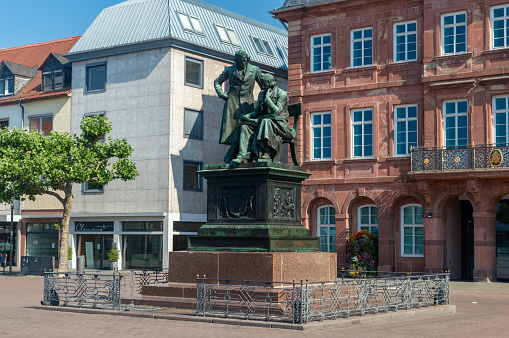 Hanau, Germany - June 25, 2023: Wilhelm and Jacob Grimm sculpture.