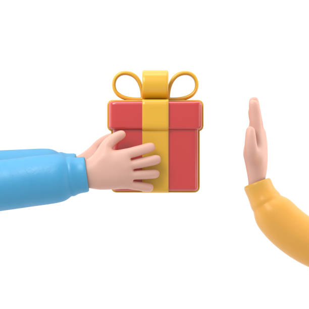 istock Refusal of gift. No corruption concept. Rejecting proposal. Man holding in hand gift box with ribbon. Gesture rejects the proposal. 3D rendering on white background. 1841812599