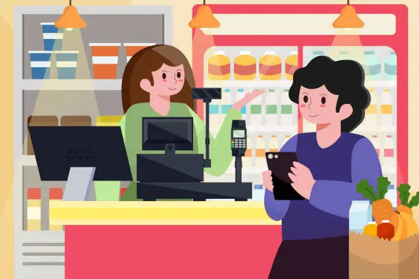 Vector illustration of A Customer is paying with online banking, credit card in supermarket