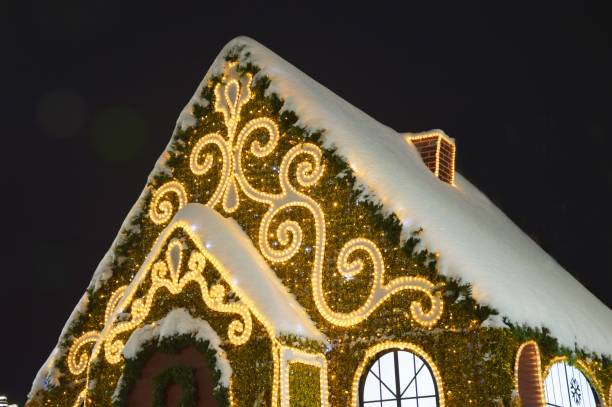 明るいパターンと花輪で飾られたクリスマスの装飾的な家の雪の屋根。お正月の冬の街のイルミネーション。 - city of nice night france snow ストックフォトと画像